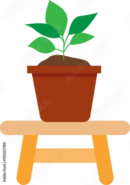 Fototapeta A flower pot with green plant standing on the bench. Vector illustration with transparent background.	