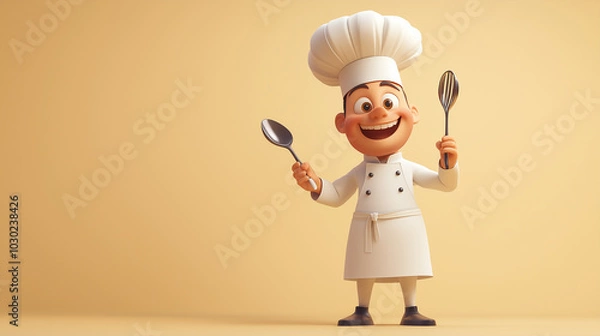 Fototapeta happy cartoon chef wearing a traditional white uniform and holding a whisk and spoon, ready to cook. Bright and cheerful culinary character on a yellow background.