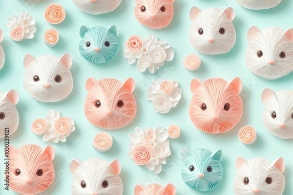 Obraz seamless pattern of 3D hamster head animal , paper quill pattern.	