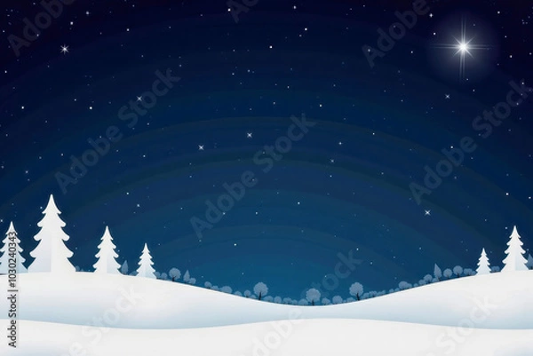 Fototapeta Christmas greeting card with New Year symbol and decoration. Xmas snow background with copy space. Festive mockup design with pine, sky, stars and forest