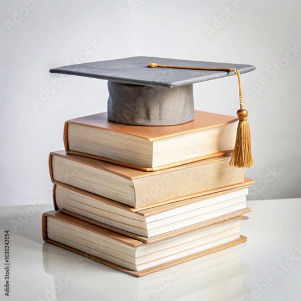 Fototapeta A stack of books with a graduation cap on top of them with background, graduation photography