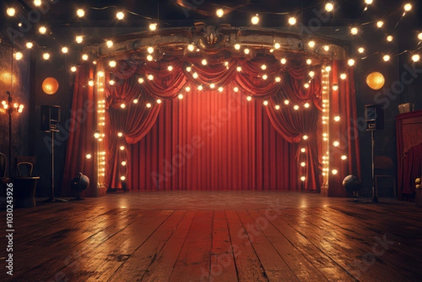 Obraz A vibrant theater stage adorned with bright lights and red curtains, ready for a performance.