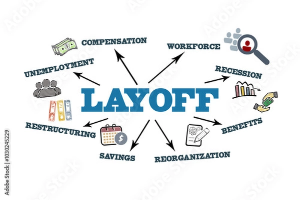 Fototapeta LAYOFF Concept. Illustration with icons, keywords and arrows on a white background