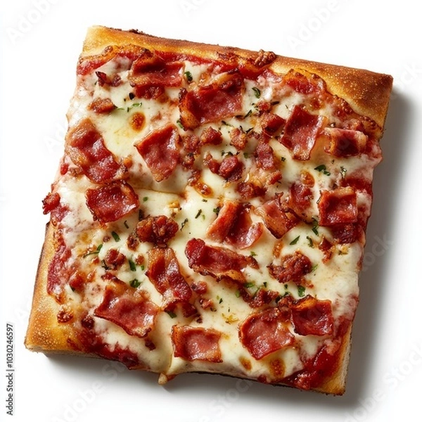 Fototapeta A delicious square pizza topped with crispy bacon slices and melted cheese, sprinkled with herbs on a golden-brown crust, perfect for any meal.