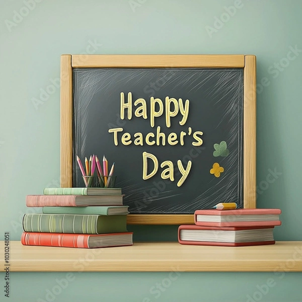 Fototapeta Happy Teacher's Day Blackboard with Books and Pencils on Wooden Desk