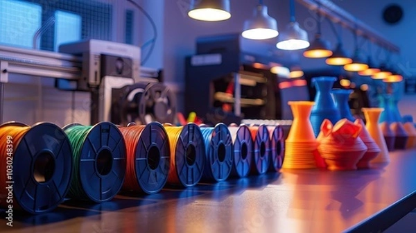Obraz Colorful 3D Printer Filament Spools and Printed Objects on a Workbench in a High-Tech Lab