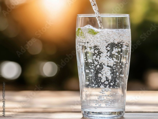 Fototapeta A glass of sparkling water being poured