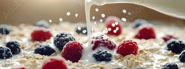 Fototapeta Oats with berries and milk being poured over, a close-up of the cereal in focus