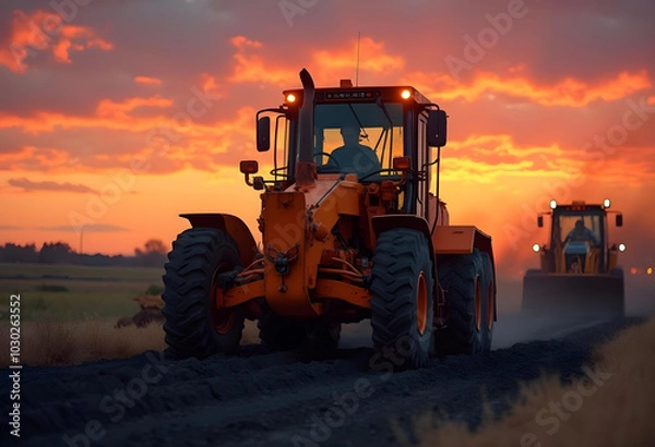 Fototapeta Heavy machinery operates at sunset, showcasing vibrant sky and dust clouds. scene captures essence of agricultural work and beauty of nature