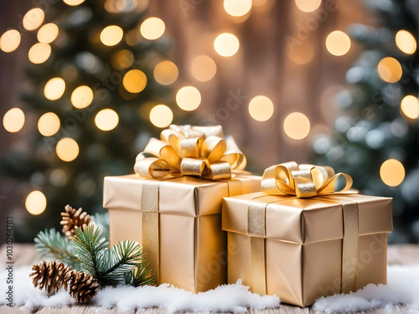 Fototapeta Gift or present boxes, snowy fir tree and golden holiday decoration on wooden table against magic bokeh lights. Christmas greeting card