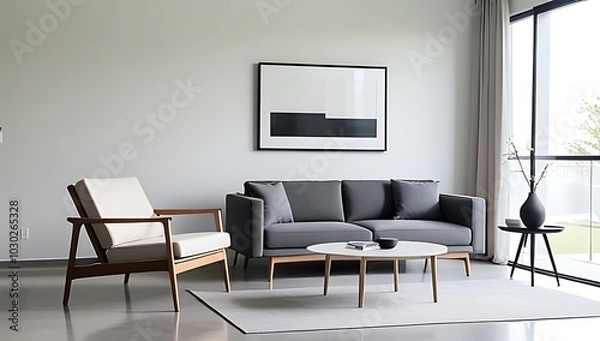 Fototapeta lounge chair sofa stand alone wall large frame minimalist modern living room setting