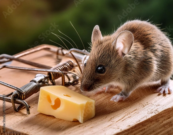 Fototapeta Mouse sniffing at the cheese that is on the mousetrap