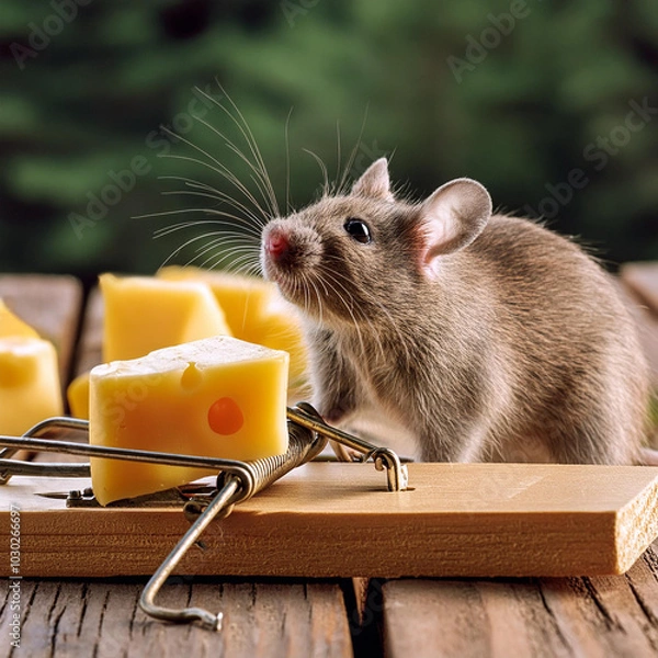 Fototapeta Cute mouse sniffing at the cheese that is on the mousetrap