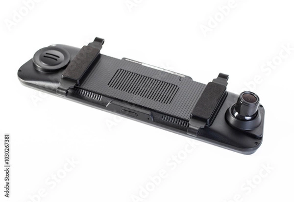 Fototapeta Car mirror with rear view camera and video recorder on a white background, isolate, close-up
