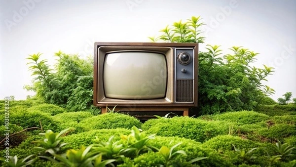 Fototapeta Low angle view of green plants with retro TV