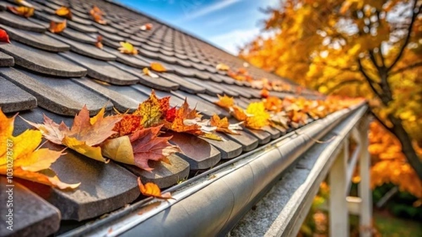Obraz Low angle view of house roof gutter filled with autumn leaves