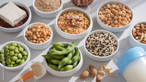 Obraz Plant based protein sources arranged in bowls, showcasing variety and nutrition