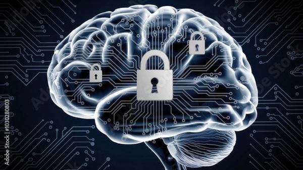 Obraz Digital brain with circuit patterns and security locks symbolizes data protection