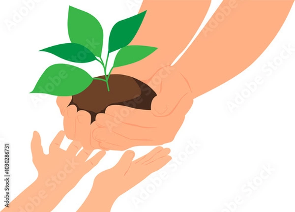 Fototapeta Hands of an adult giving to the hands of a child a plant with green leaves in the soil for planting.  Vector illustration with transparent background.	
