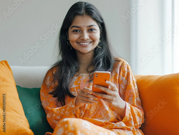 Obraz Smiling woman using smartphone in cozy indoor setting
