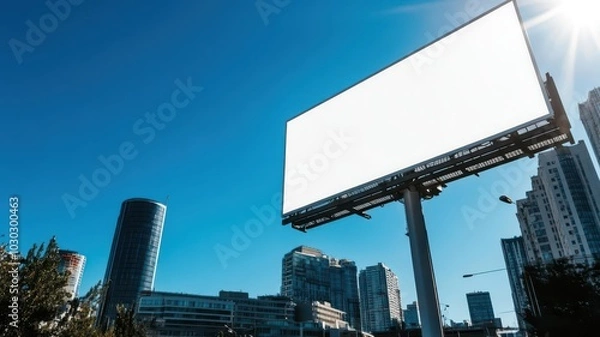Fototapeta Blank billboard in urban setting with a bright sunny sky.