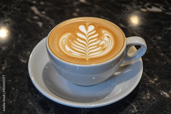 Fototapeta A classic cappuccino in a white ceramic cup, with detailed latte art foam on top and a saucer underneath