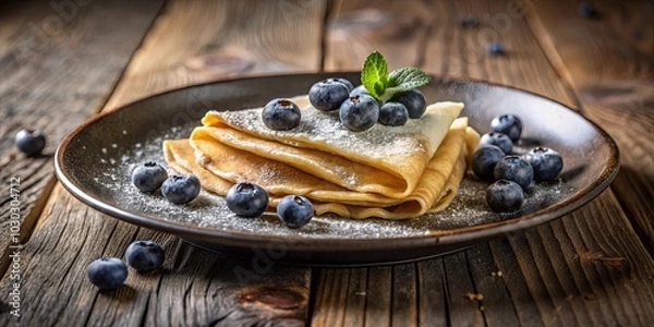 Fototapeta A stack of delicate, golden crepes dusted with powdered sugar and adorned with plump blueberries, resting on a rustic wooden table, creating a visual symphony of simple elegance.