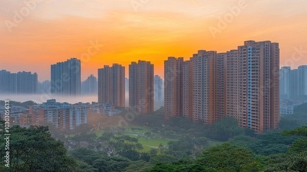 Fototapeta Urban skyline at sunrise with mist and greenery in the foreground.