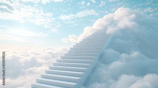 Fototapeta Religious background, white stairs to heaven, bright light from heaven, stairway leading up to skies.