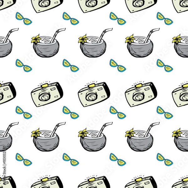 Fototapeta Coconut, sunglasses, camera seamless pattern