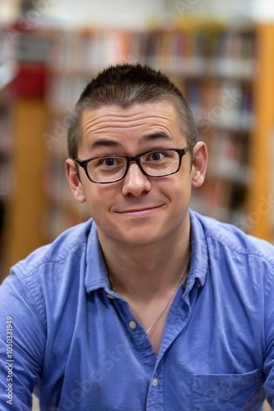 Fototapeta Young man in glasses smiling confidently in a library setting