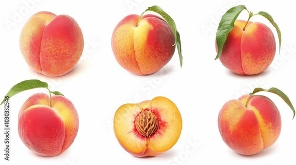 Fototapeta set of peaches with green leaves on white background