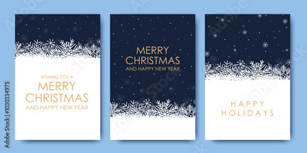 Fototapeta Set of Merry Christmas and Happy New Year cards with snowflakes, cards and invitations to corporate events. Snowflakes on a blue background. Winter vector illustration