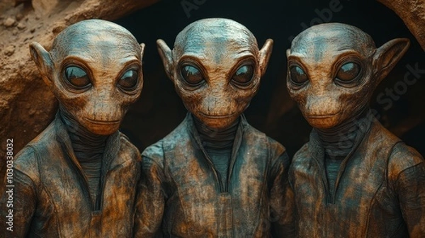 Fototapeta Three aliens with big eyes and strange faces are standing in a cave