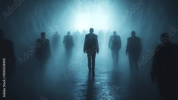 Fototapeta A group of people walking through a foggy tunnel