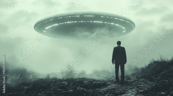 Fototapeta A man stands on a hill looking at a large object in the sky