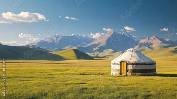 Fototapeta Scenic views from yurts overlooking Xinjiang expansive grasslands and distant mountain ranges