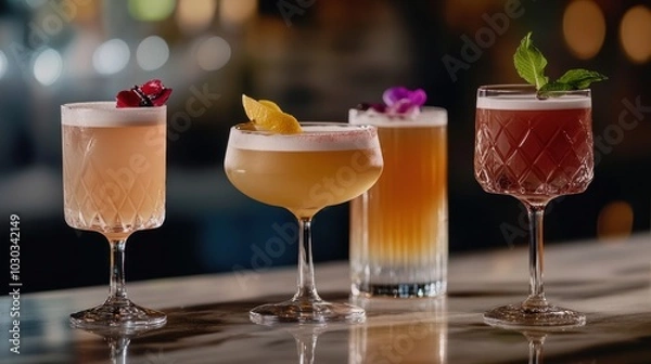Fototapeta Signature cocktails in an upscale bar setting, with each drink designed to reflect the personality of the bar, showcasing unique glassware and creative garnishes