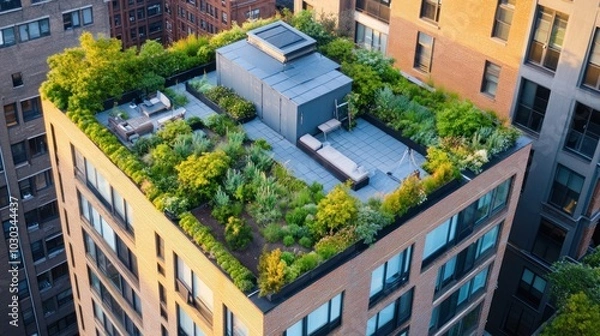 Fototapeta An aerial view of a modern building with a lush rooftop garden.
