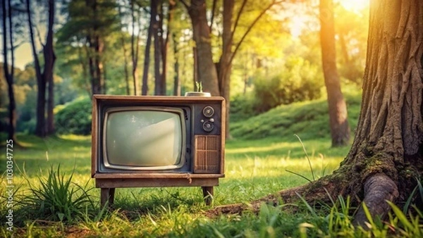 Fototapeta Landscape with green plants illuminated by the background trunk of a tree, retro TV on the grass, aerial view
