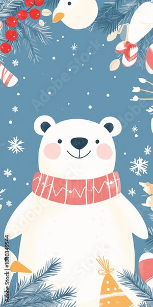 Fototapeta Cute Christmas Background with Polar Bears and Penguins: Festive scarves and a light-blue text area