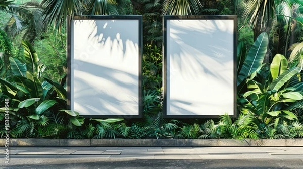 Fototapeta A mockup of two vertical blank billboard posters on the street, with tropical plants in front and a greenery background, of an outdoor advertising light box,
