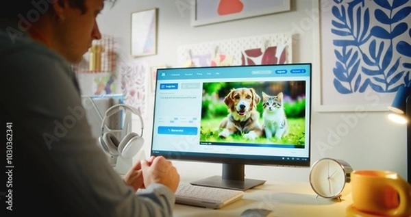 Fototapeta Young man enters text prompt in artificial intelligence app on computer. AI image generator creates detailed photo of cute dog and cat. Advanced AI generated photo creation. Futuristic generative art.