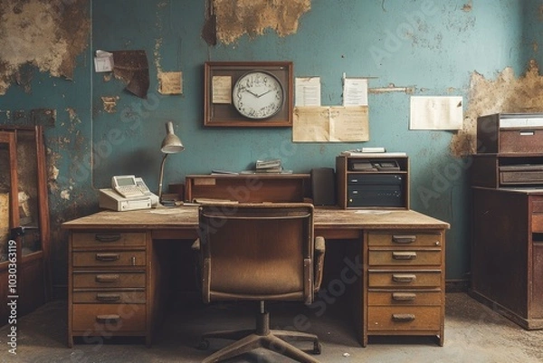 Fototapeta Old wooden desk in an office setting. A perfect photo for vintage office, abandoned building, or nostalgia concepts.