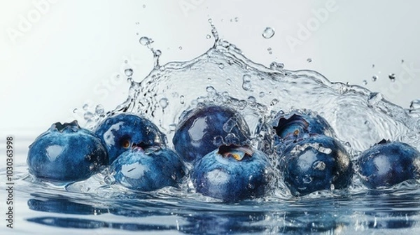 Fototapeta A creative composition of blueberries with splashes of water, emphasizing their freshness and vibrancy on a pristine white background