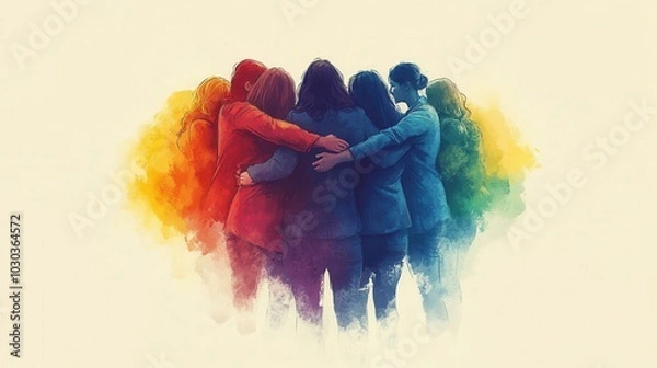 Obraz Unity and diversity: a group of diverse women embracing in a colorful watercolor design