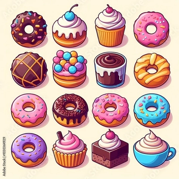 Fototapeta a drawing of a variety of donuts with different colors and shapes.

