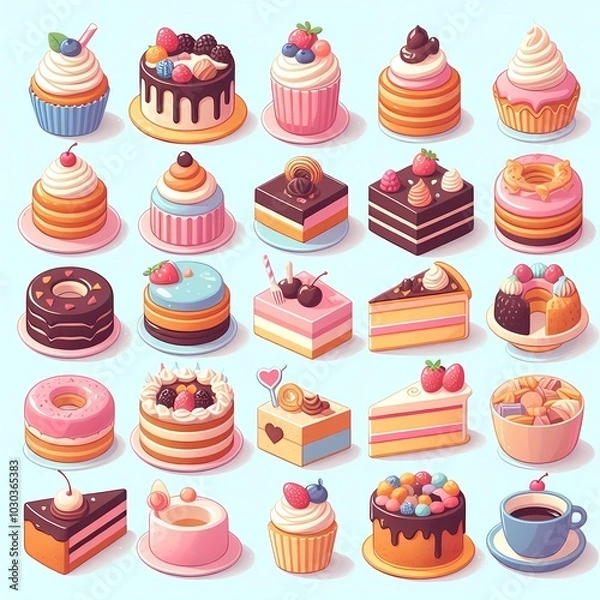 Fototapeta a cartoon illustration of a cake with a lot of different cakes.