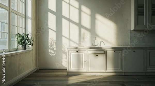 Fototapeta A well-appointed kitchen interior features a stylish cabinet, a modern sink, and a large window that brightens the space.