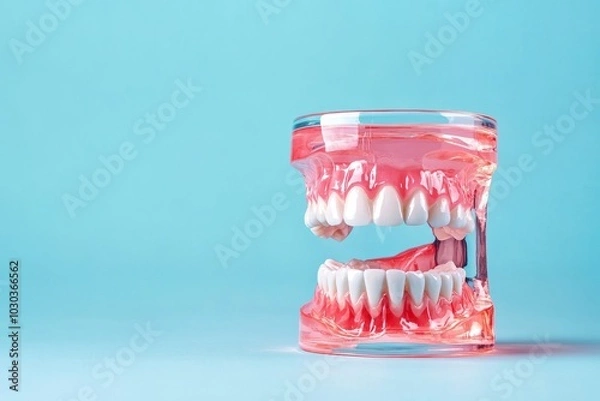 Fototapeta Dental model showing realistic teeth in a clear container, blue background.